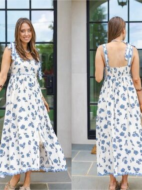NWOT Sofie The Label Blue Floral Buttoned-Front Smocked Midi Dress w/ Pockets M